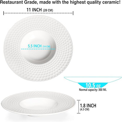 Creative home decor ceramic wide-rimmed soup bowls/plates, 10.5 oz pasta bowl four-piece set, white embossed bowls and plates with rims, ideal for upscale restaurants, hotels and gourmets, 11 inches.