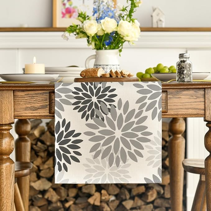 Artoid Mode Grey Floral Pinnata Dahlia Table Runner, Seasonal Kitchen Dining - Image 2