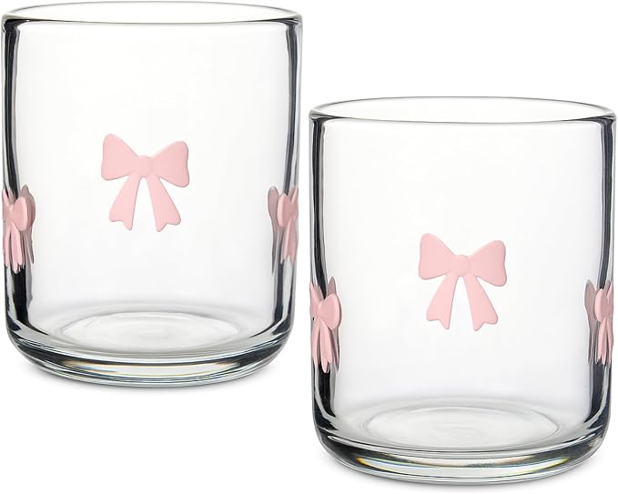 Skylety 2 Pack Coquette Pink Bow Icon Juice Glasses 14 oz Cute Glass Cups by Skylety