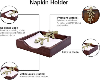 Napkin Holder - Solid Wood Brown Finish Home Decor & Kitchen Decor Table Countertop Serviette & Tissue Holder with Metal Ornament Arm in Silver Gold Finish - Indoor and Outdoor Use - Leaves Design