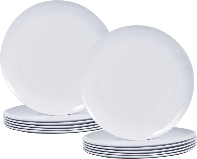 White Melamine Dinner Plates，12pcs Dishes Set，10“ Lightweight Round Plates | by GOFUNFUN
