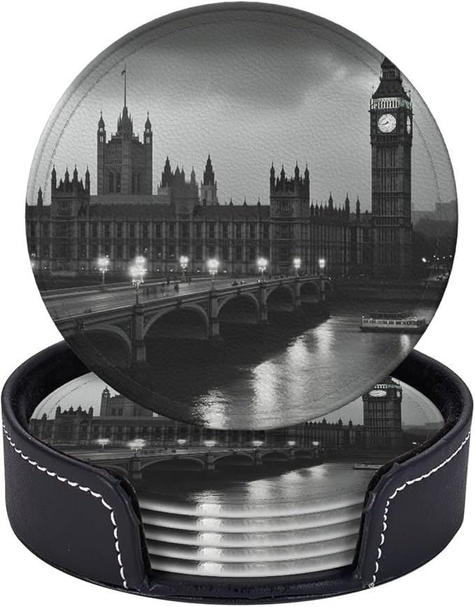 6Pcs PU Leather Coaster for Drinks, London Cup Coasters by WSOIHFEC