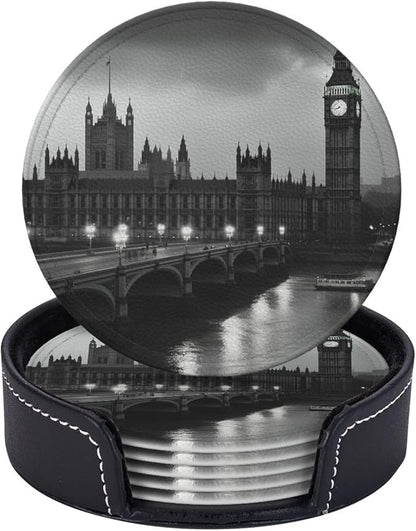 6Pcs PU Leather Coaster for Drinks, London Cup Coasters by WSOIHFEC