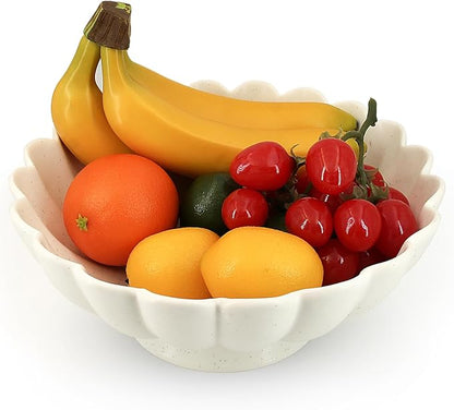 Large Fruit Bowl for Kitchen Counter-10.6" White Ceramic Fluted Scalloped Decorative Footed Bowl -Elegant Pedestal Display Bowls for Entryway Table, Perfect for Housewarming &Wedding Gift