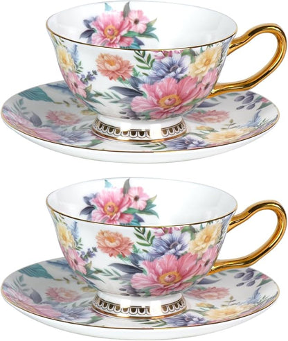 KAMMAK Tea Cups and Saucers Set of 2, Porcelain Coffee Cups, JBE018 | Stackable by KAMMAK