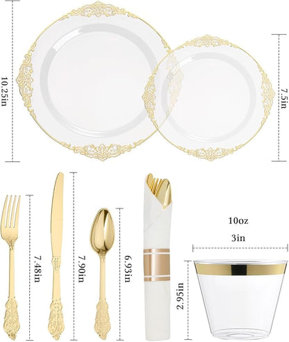 Goodluck 350 Piece Clear Gold Plastic Dinnerware Set for 50 Guests, Fancy Disposable Plates, Include: 100 Gold Rim Plastic Plates, 150 Silverwares, 50 Pre Rolled Napkins, 50 Cups for Party, Wedding