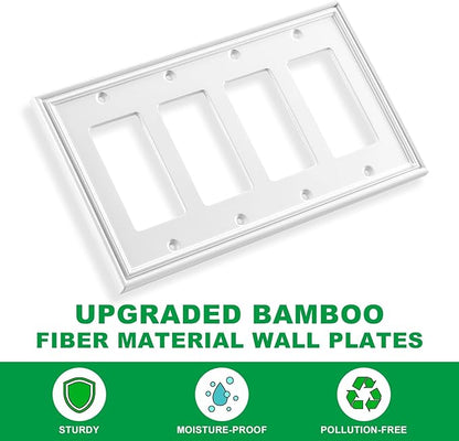White Modern Decorative Wall Plate Light Switch Cover Decorator Outlet Covers Rocker Switch Plates Bamboo Fiber Material Wall Plates for Kitchen Bathroom (4 Gang Quad Decorator-1 Pack)