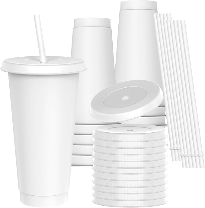 24 oz Plastic Cups With Lids and Straws, Sturdy & Food-Safe Iced Coffee Cups by Unknown
