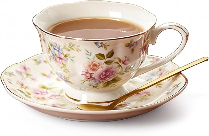 8 oz Vintage flower Ceramic cup and 6" saucer set by homemugandgift