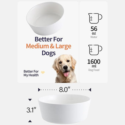 White Elevated/Raised Dog Bowl Ceramic with Wood Stand for Medium Large Breed,Dog Food Water Dish Heavy Wighted,8 in Non Slip Modern Cute Porcelain Pet Bowl Extra Large Wide Mouth