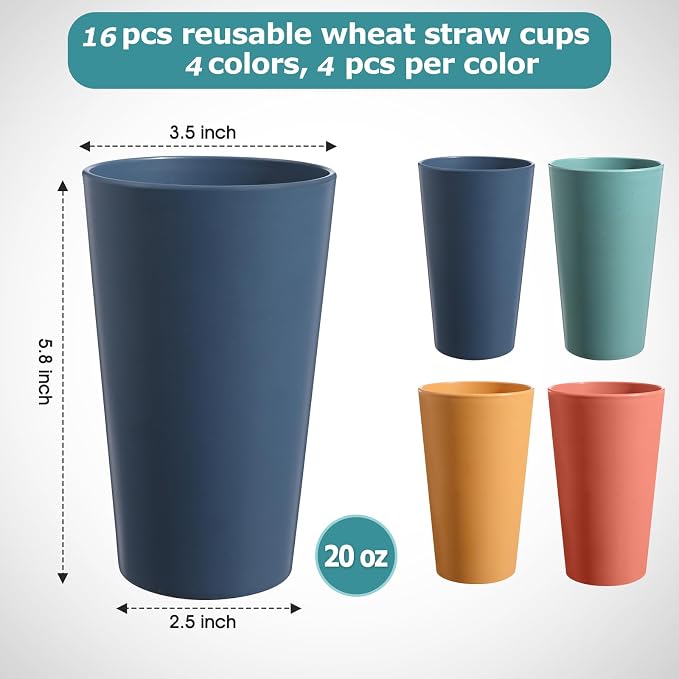 HEYCOME Set of 16 Wheat Straw Cups, Reusable Plastic Cups Sets, Water Glasses - Image 2