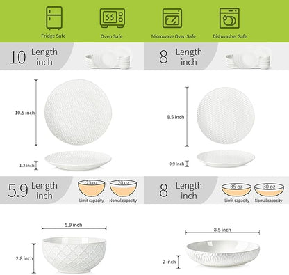 Sureasy Ceramic Plates and Bowls Sets, 24 Pieces Dinnerware Sets for 6, Embossed Scratch Resistant Dinner Set, Dishwasher and Microwave Safe, White