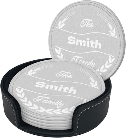 Personalized Coasters Set of 6, Photo PU Leather Coasters, Custom Grey Coaster with Last Name, Leather Gifts for 3rd for Him, Family Coaster 6 Packs, Gift for Thanksgiving