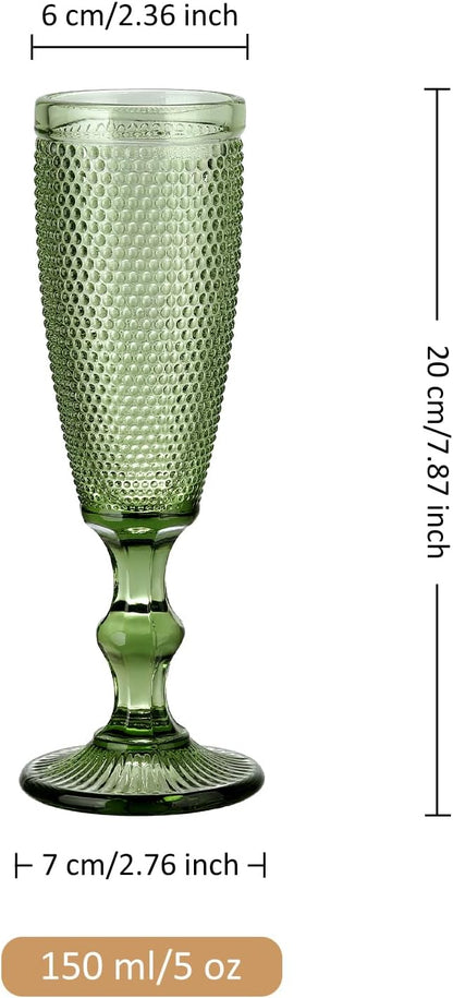 Joeyan Green Vintage Champagne Flutes Glasses Cups,Embossed Colored Toasting Goblet Glasses,Stemmed Hobnail Beaded Glassware for Wedding Anniversary Birthday Party,5 oz,Set of 4,Dishwasher Safe