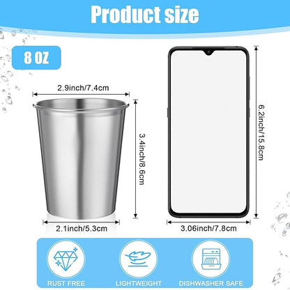 15 Pack Stainless Steel Cups for Kids and Adult Pint Tumbler Metal Cups Stackable Tumbler Shatterproof Metal Drinking Glasses for Travel Outdoor Camping (8 OZ)