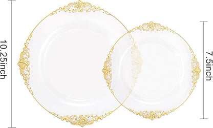 102PCS Clear Gold Plastic Plates - Clear Disposable Plates with Gold Rim - Clear Party Plate Include 51PCS Dessert Plates, 51PCS Dinner Plate for Weddings & Parties