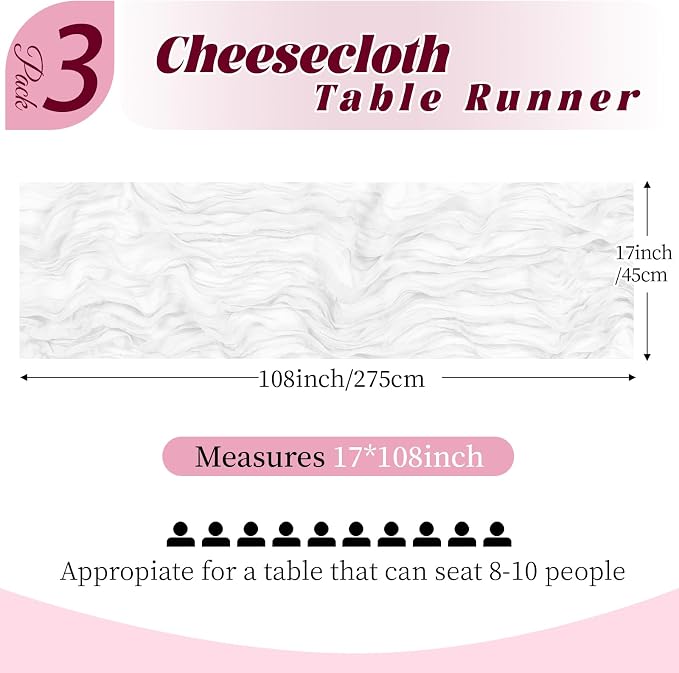 3 Pack White Cheesecloth Table Runner, 17 x 108 Inch, Gauze Cheese Cloth Table - Image 2
