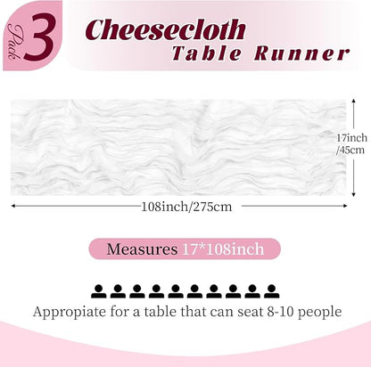 3 Pack White Cheesecloth Table Runner, 17 x 108 Inch, Gauze Cheese Cloth Table - Image 2