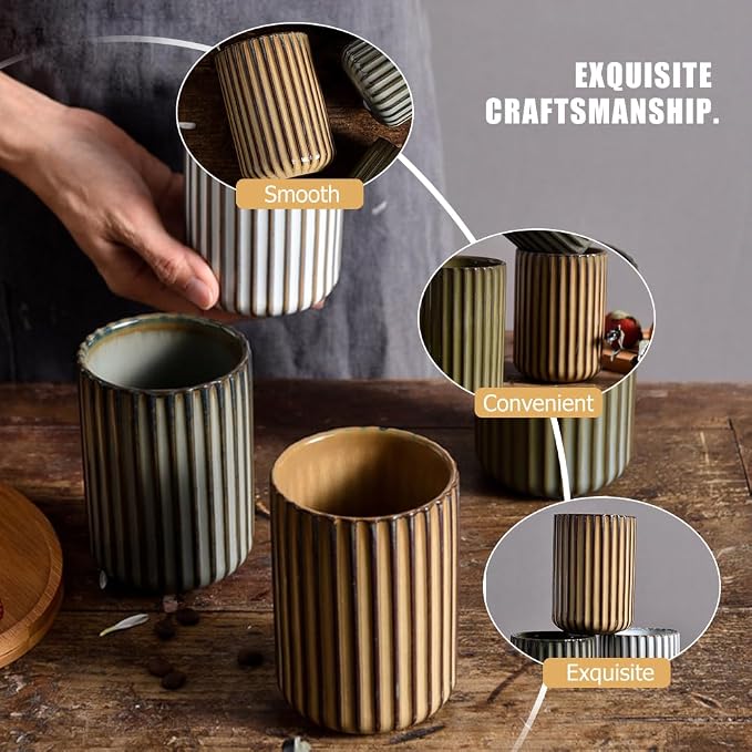 LIFKOME Vinitage Ceramic Mug, Chinese Tea Cup 300ml Striped Cup No Handle - Image 5