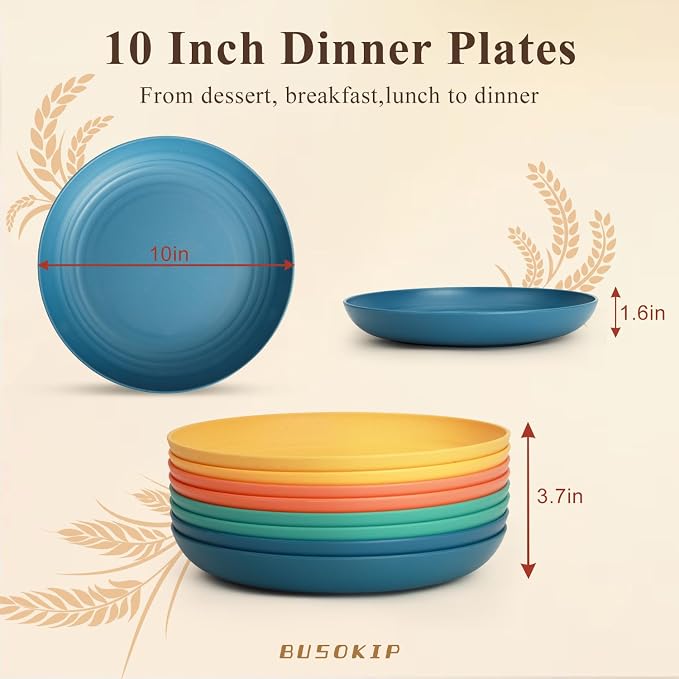 10 Inch Dinner Plates Set of 8, Unbreakable Wheat Straw Plates, Plastic Plates - Image 2