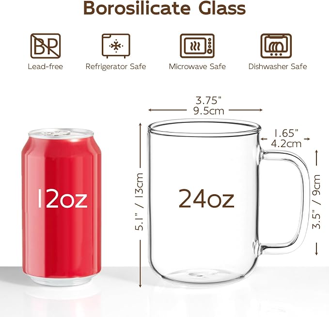 Glass Coffee Mugs, 24 oz Ice coffee cups, Large Clear Tea Cups Set of 2 - Image 2