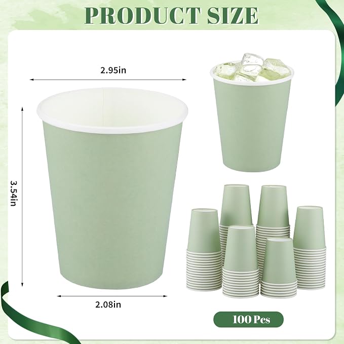 NatNarr 100 Pack Sage Green Paper Cup, 9oz Sage Green Baby Shower Cups | - Image 2