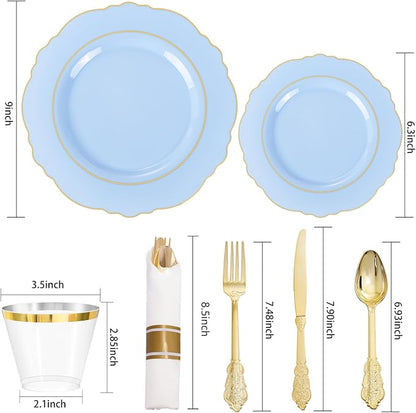 Liacere 350PCS Bule Plastic Plates - Disposable Bule and Gold Plates 50guest Baroque Plastic Dinnerware include 100Plates, 50Pack Pre Rolled Napkins with Silverware 50Cups for Wedding&Mother's Day