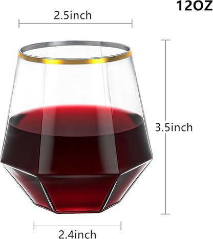 Lullaby 40PCS 12Oz Stemless Plastic Wine Glasses Gold Rim, Diamond Design | - Image 2