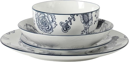 Gibson Home Westerly Court 16-Piece Dinnerware Set, Blue Floral Stoneware Plates & Bowls, Service for 4, Round Durable Everyday Dish Set