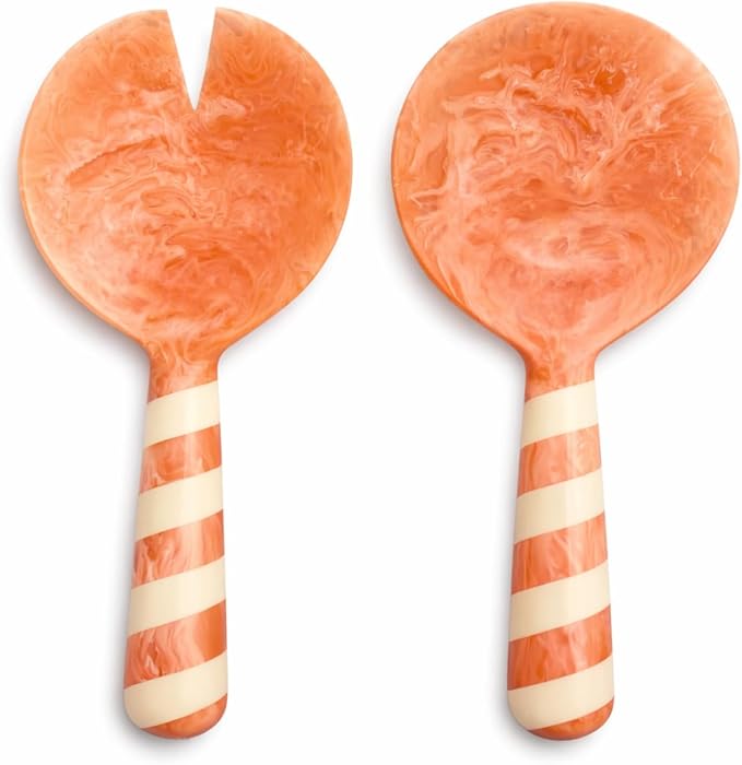 SS CRAFTS INDIA Premium 9" Peach Striped Handle Resin Salad Servers | Set of 2 by SSCraftsIndia