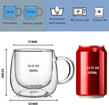 Double Wall Glass Coffee Mugs 16oz Set of 2 Insulated Clear Tea Cups - Image 7