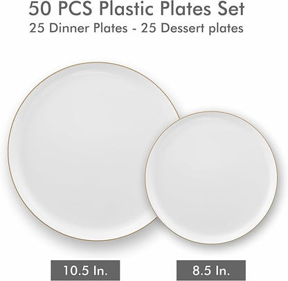 BloominGoods 50 PCS Disposable Plastic Plates For Party, 25 8.5 In. Appetizer Plates And 25 10.5 In. Dinner Plates, White With Gold Rim Plates For Wedding Or Event, Heavy Duty