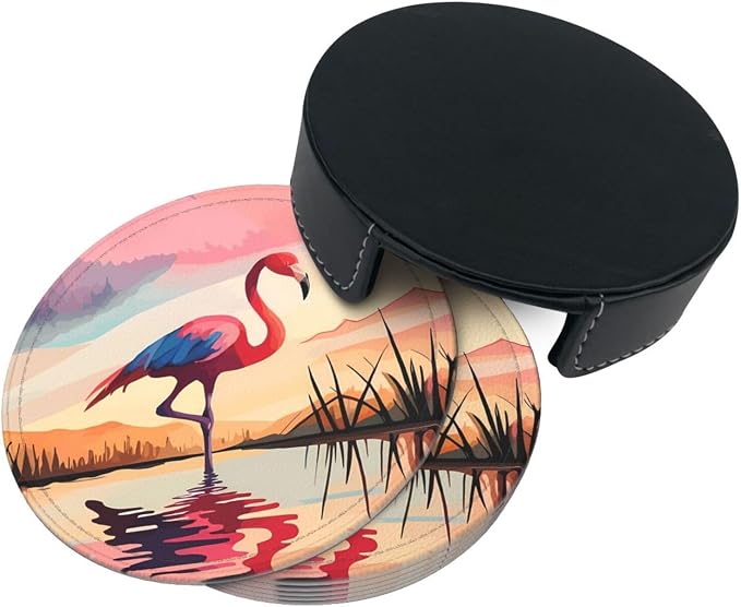 6 Pcs Pink Cute Flamingo Modern Art Boho Leather Coasters - Image 4