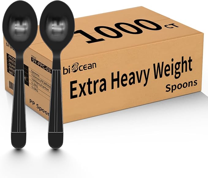 1000 Count Plastic Spoons Heavy Duty Disposable Spoons Black Extra Heavyweight by Biocean