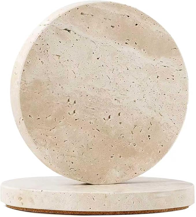 Travertine Stone Coasters Set of 2, Durable Non-Slip Cup Mats, Table Protection by Unknown