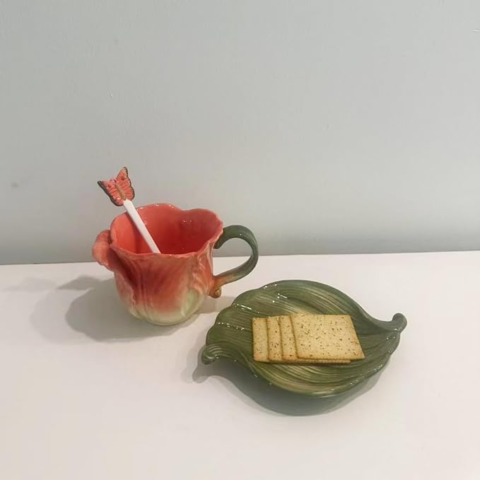 Ceramic Tea Cup and Saucer Set ，6OZ 3D Hand-Painted Flower Coffee Mug，Gift - Image 4