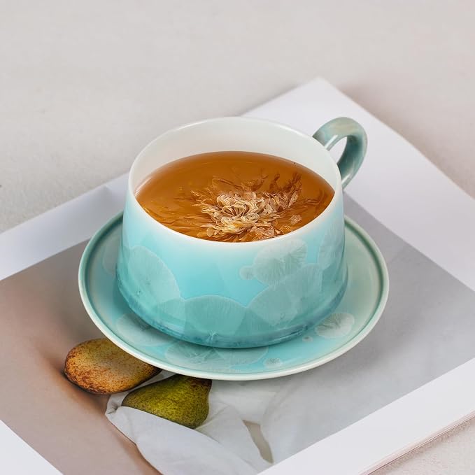 KAMMAK Tea Cups and Saucers Set of 2, 7.5 oz Glaze Coffee Mugs, 726N | - Image 4