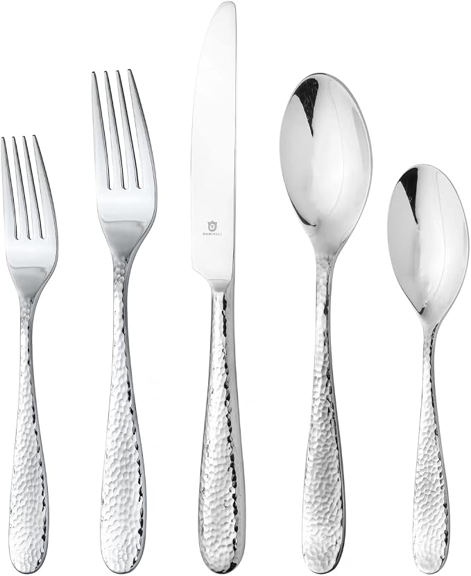 Hammered Silverware Set | Premium 18/10 Stainless Steel Flatware Service by DANIALLI