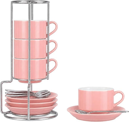 8 Ounce Cappuccino Cups Set of 4, Includes Display Stand, Cups Saucers by Renewrevital