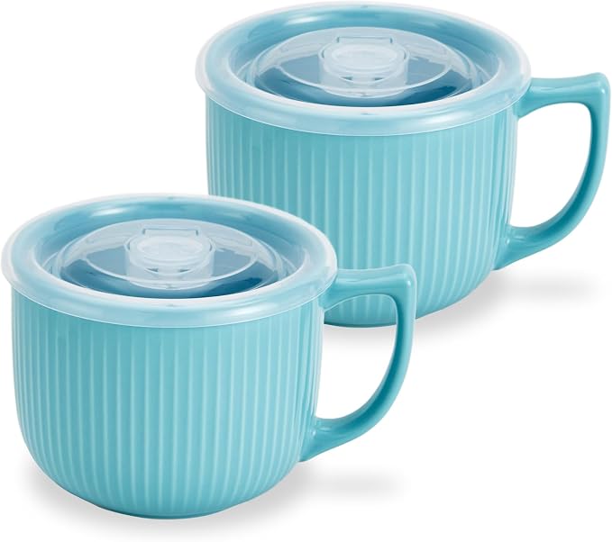 Ceramic Soup Bowl with Handle & Lid, 32oz Microwave Ramen Bowl Set of 2 | Blue by Hoilse