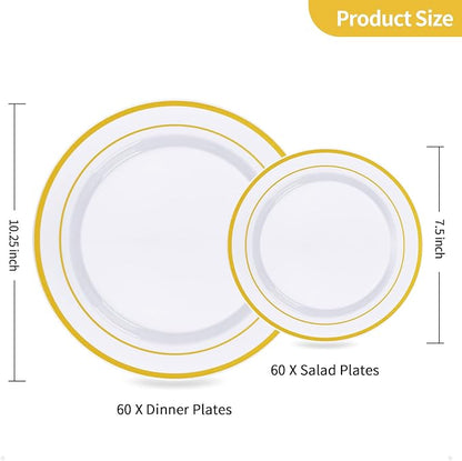 Goodluck 120PCS Gold Plastic Plates, Heavy Duty Disposable Gold Plates with 60 10.25 inch Dinner Plates and 60 7.5 inch Dessert Plates, Disposable Plates for Party, Holiday, Wedding