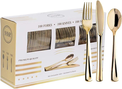 300PCS Gold Plastic Silverware, Disposable Plastic Cutlery/Utensils | Heavy by N9RTABLEWARE
