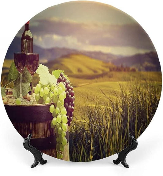 Ceramic Display Plate, Wine Ceramic Hanging Decorative Plate, Italy Tuscany Landscape Rural Vineyard, 7 Inch, Household Custom Ceramic Plate, Green Black Brown