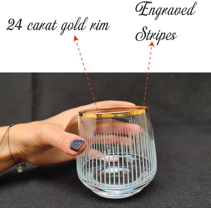 Gold Rim Cocktail Wine Whiskey Drinking Glasses Set of 6 Glassware Rimmed Trim Crystal Cups Juice Water Drinkware Drinks Bar Fancy Party Wedding Vertical Striped