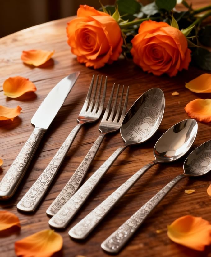 16 Pcs Black Floral Silverware Set - Image 5