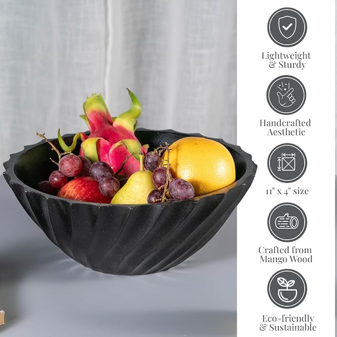 Folkulture Wooden Black Ribbed Salad Bowl, Modern Wooden Bowl - Image 3
