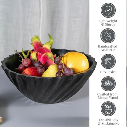 Folkulture Wooden Black Ribbed Salad Bowl, Modern Wooden Bowl - Image 3