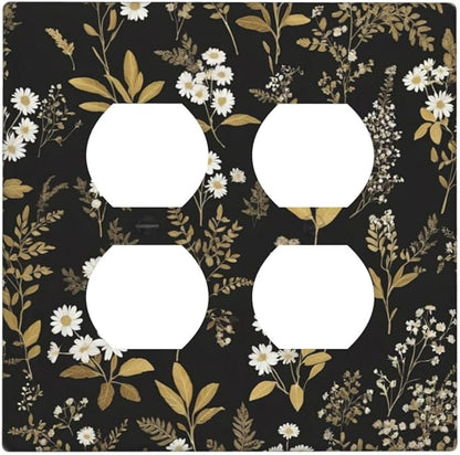 Light Switch Cover Black/Gold Boho Botanical Floral Rustic Flowers 2 Gang Decorative SwitchPlates Double Duplex Wall Plates Switch Plates and Outlet Covers for Bathroom Kitchen Decor