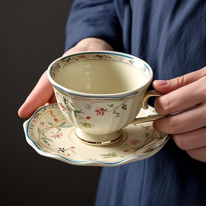 8 oz Vintage flower Ceramic cup and 6" saucer set - Image 3