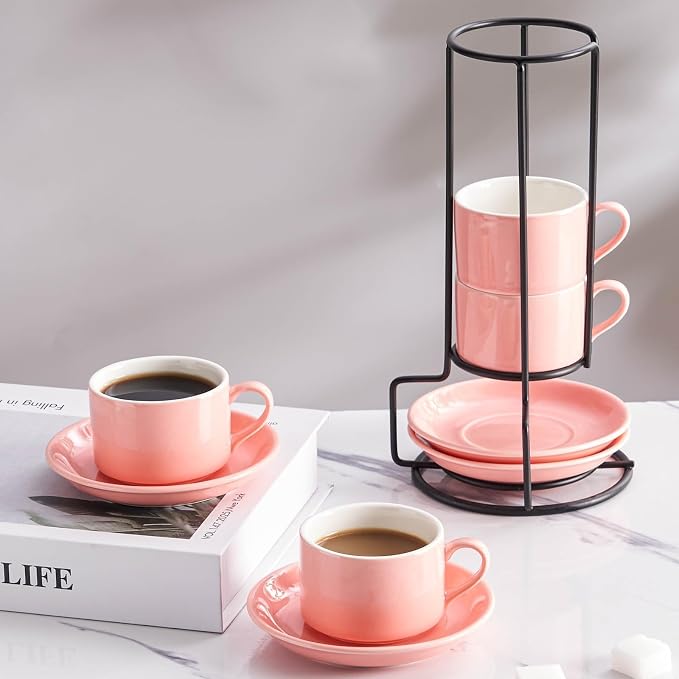 Espresso Cups, 2.5 OZ Stackable Espresso Cups Set of 4 | Porcelain Stackable - Image 5
